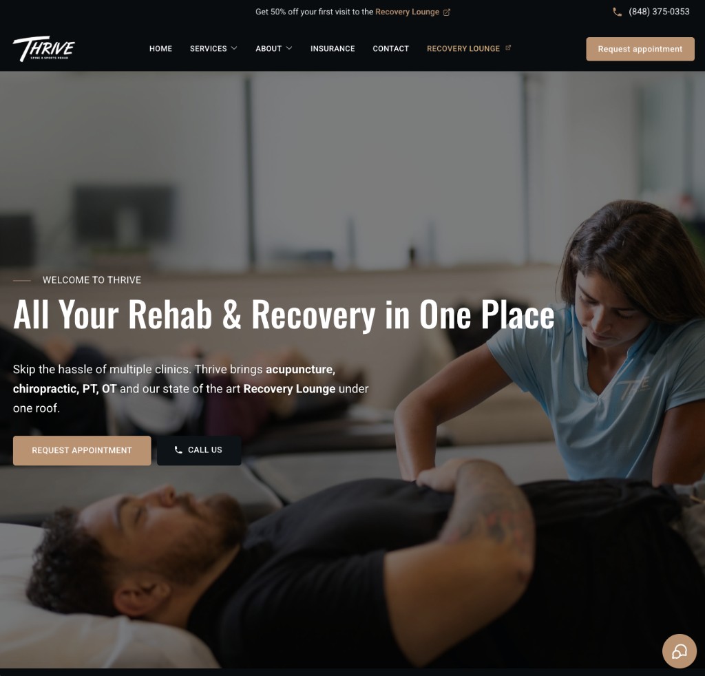 Thrive Spine & Sports Rehab homepage after the redesign — clinical treatment hero, clearer messaging, dual CTAs, and chat widget