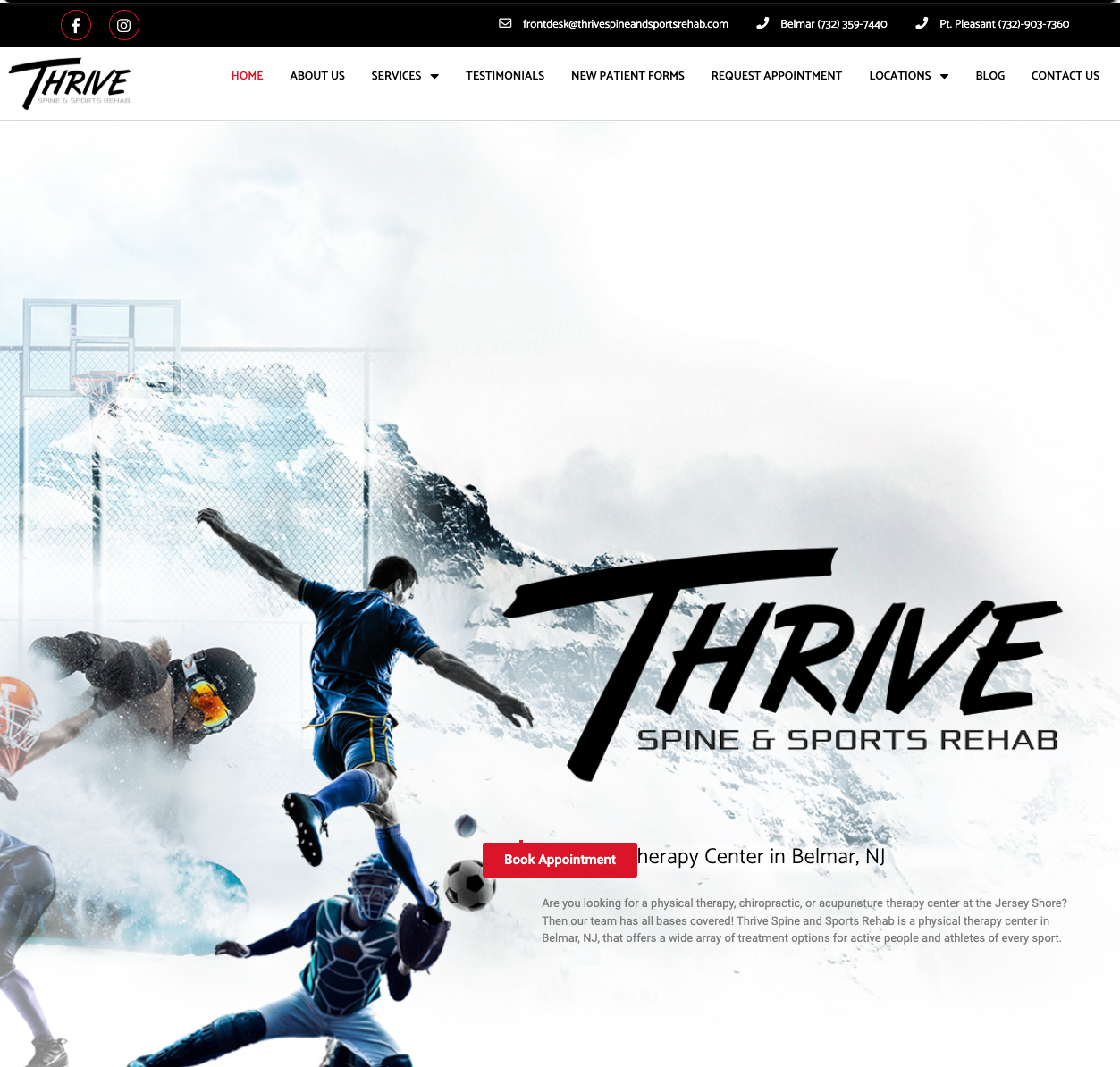 Thrive Spine & Sports Rehab homepage before the redesign — busy collage hero, dense navigation, and a single Book Appointment button