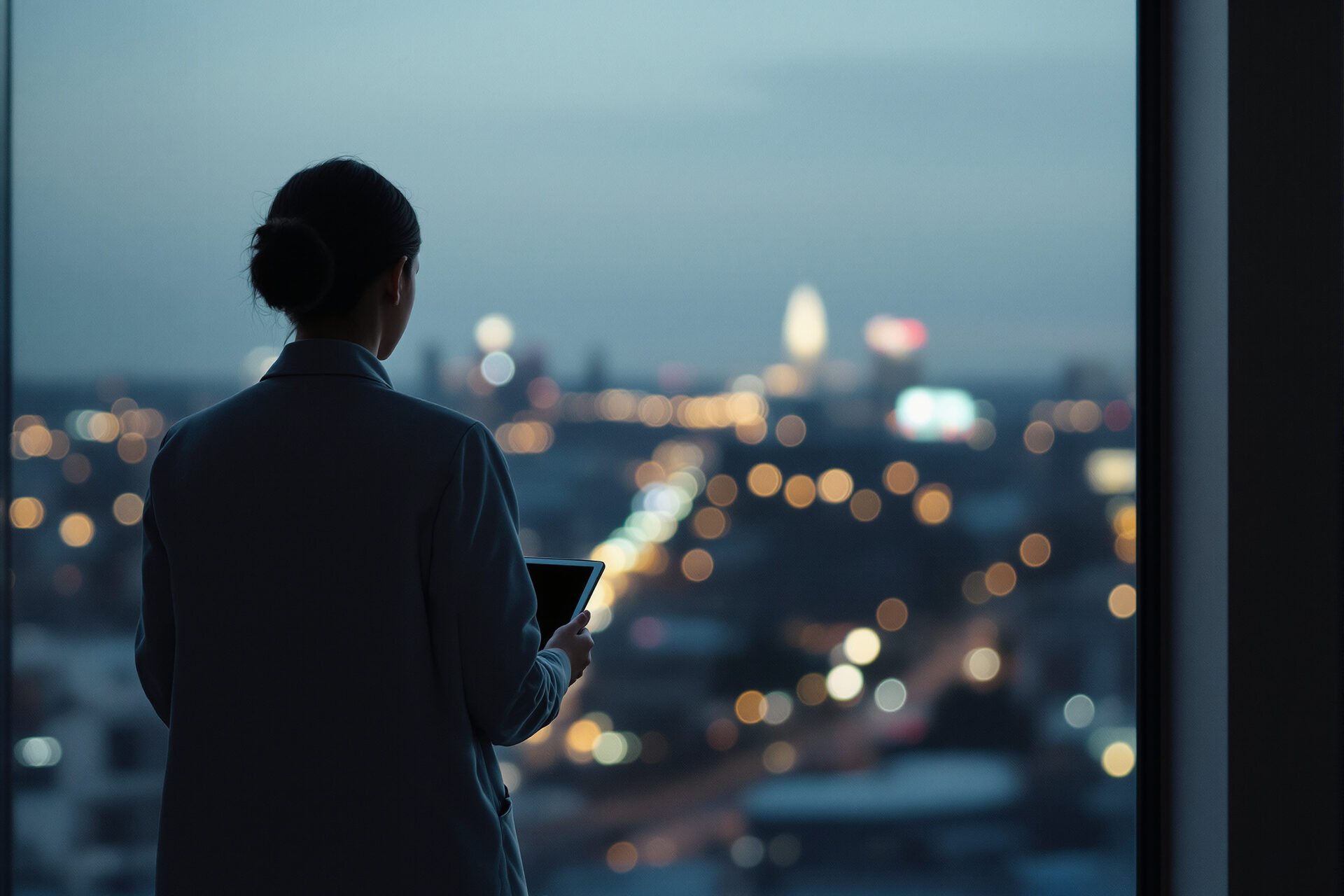 A person seen from behind at a floor-to-ceiling office window at dusk, holding a tablet
