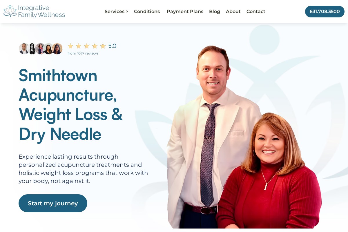 Home page of Integrative Family Wellness: two practitioners beside the headline "Smithtown Acupuncture, Weight Loss & Dry Needle"