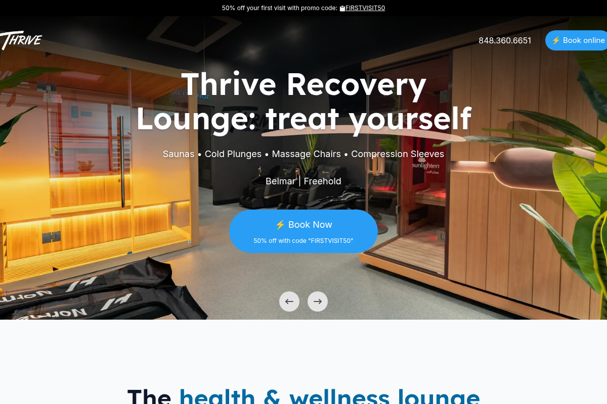 Home page of Thrive Recovery Lounge: a recovery lounge offering saunas, cold plunges, massage chairs, and compression sleeves in Belmar and Freehold