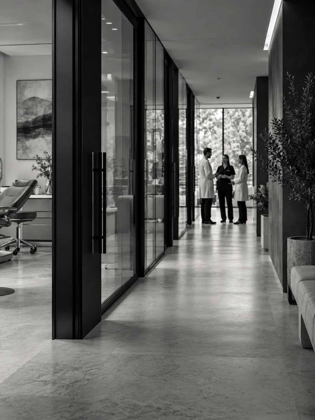 Corridor of a multi-location healthcare practice with clinicians in conversation