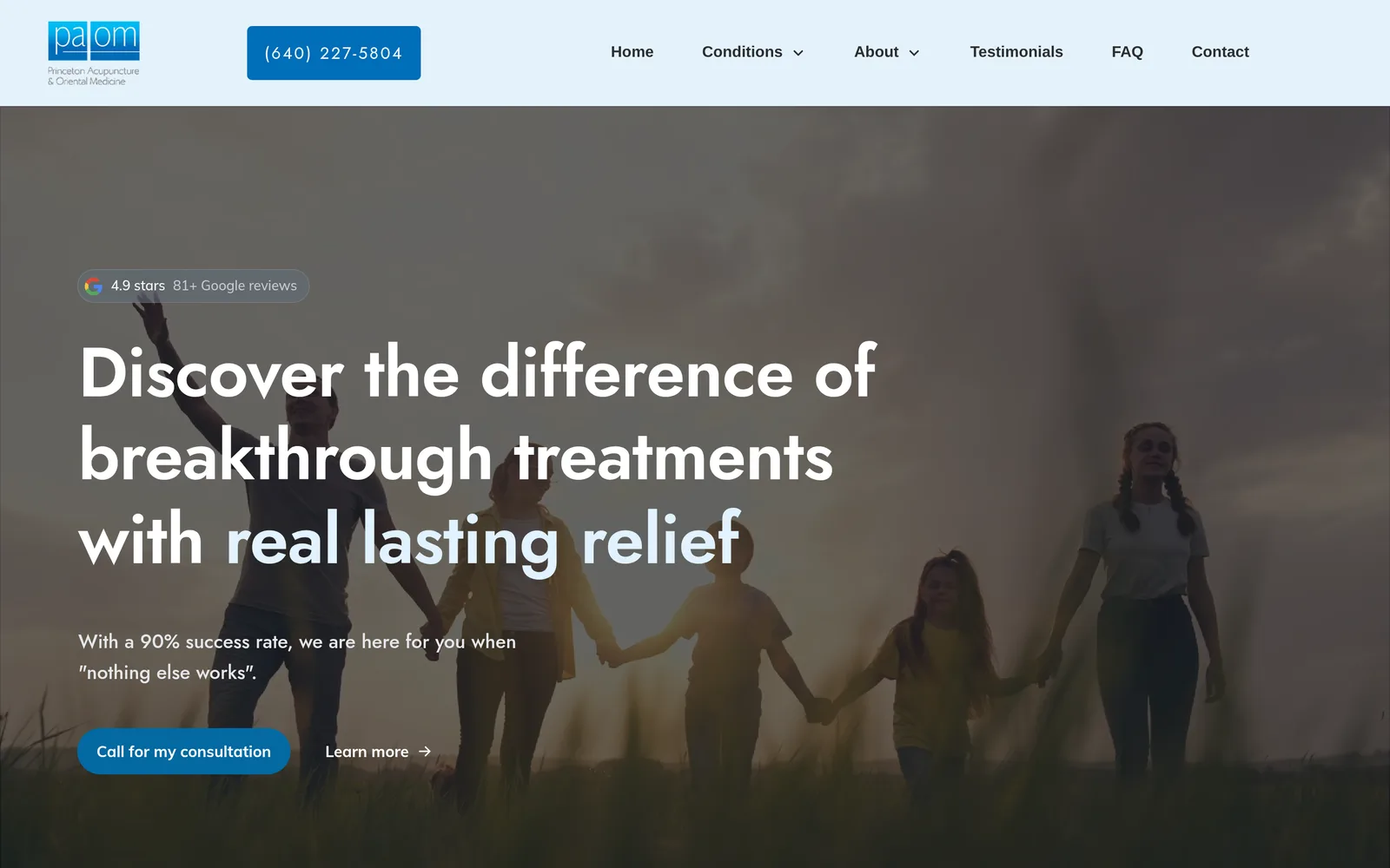 The client’s previous homepage at pa-om.com, from before our rebuild: a darkened stock photo of a family walking through a field at dusk, a Google reviews badge, and the headline “Discover the difference of breakthrough treatments with real lasting relief”