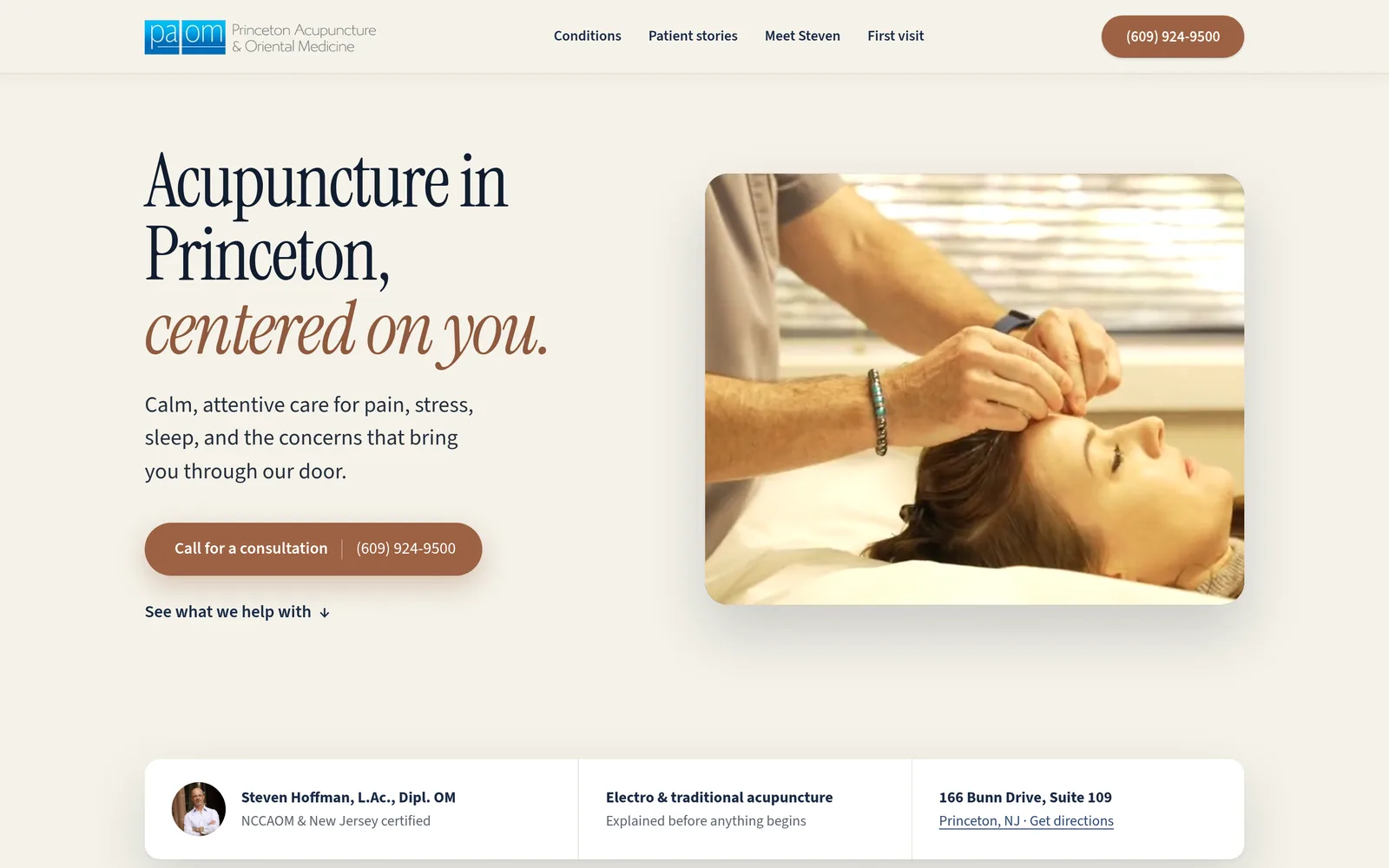 The Princeton Acupuncture & Oriental Medicine homepage we rebuilt, under the headline “Acupuncture in Princeton, centered on you.”, with a call-for-a-consultation button and the phone number