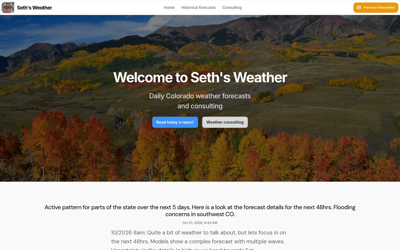 The Seth’s Weather homepage we built for meteorologist Seth Linden: autumn aspens below Colorado peaks under “Daily Colorado weather forecasts and consulting”, with today’s forecast below