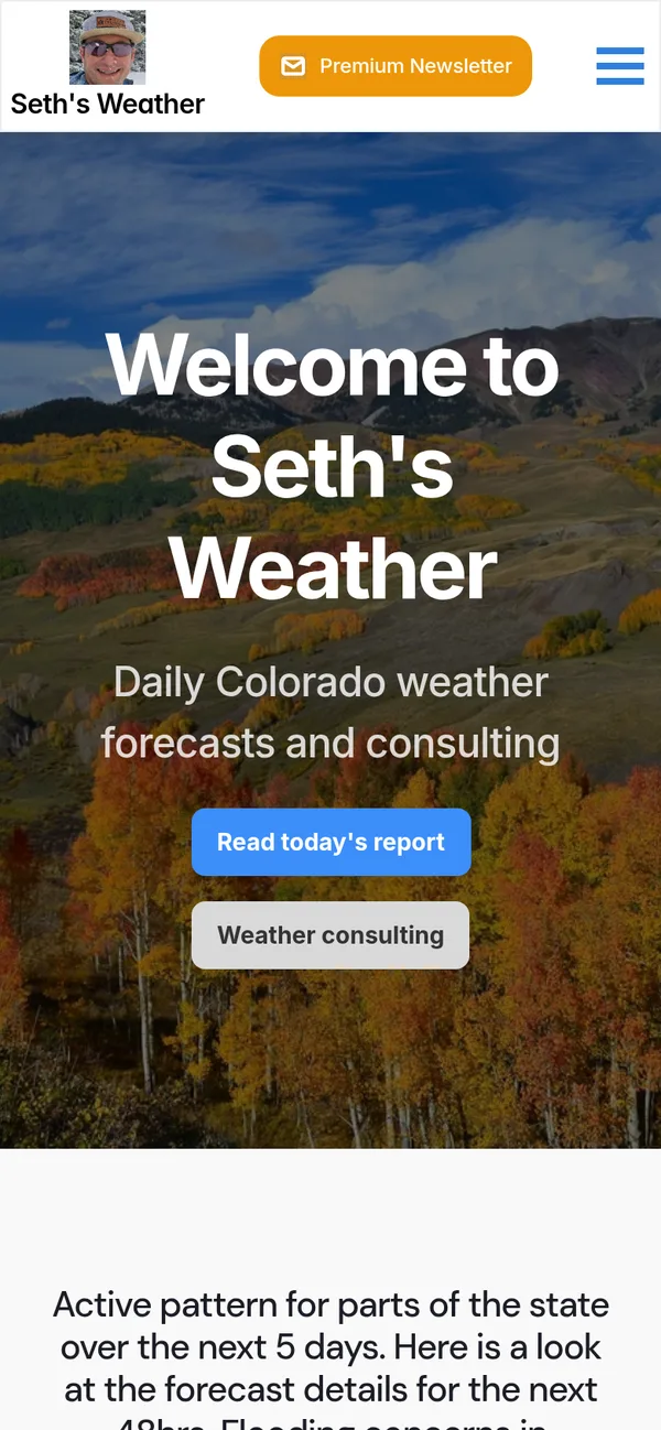 The same Seth’s Weather homepage on a phone, with “Read today’s report” one tap away