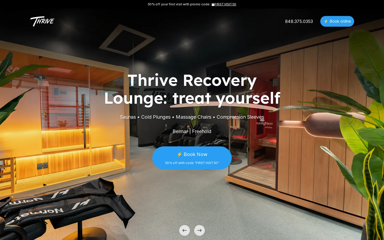 The Thrive Recovery Lounge homepage we built: a sauna suite under the headline "Thrive Recovery Lounge: treat yourself", with a Book Now button