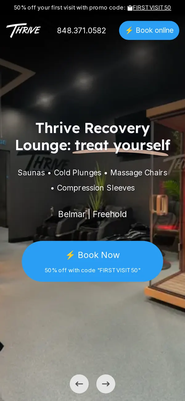 The same Thrive Recovery Lounge homepage on a phone, with Book Now above the fold