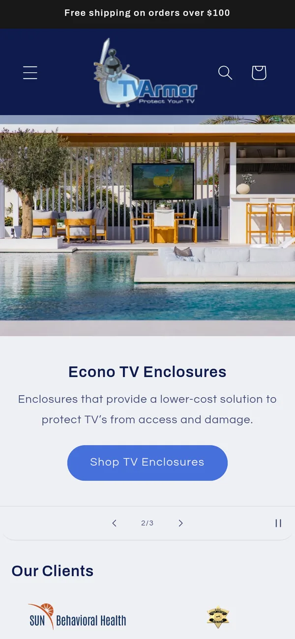 The same store on a phone: an Econo TV Enclosures slide with its Shop TV Enclosures button, above the client logos